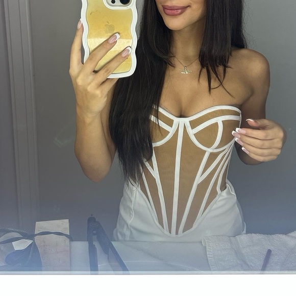 White and Tan Strapless Corset Top - Picture 1 of 1